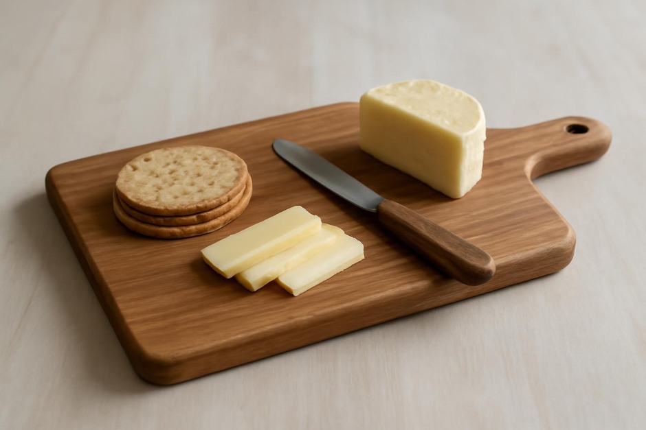 Handmade wooden serving board with cheese and crackers