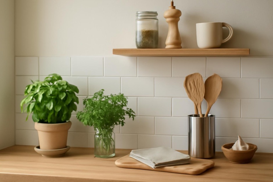 A calm kitchen corner with herbs and tools