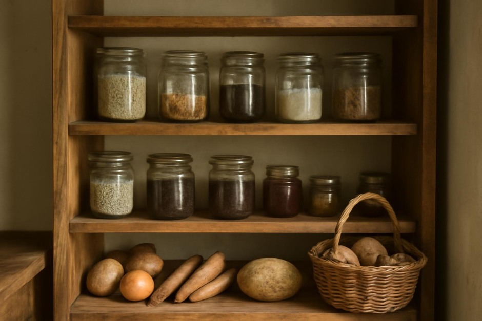 wooden larder shelves with jars and root vegetables