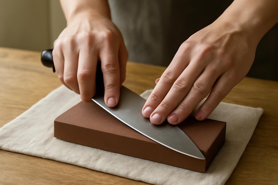 Hands sharpening a kitchen knife on a whetstone