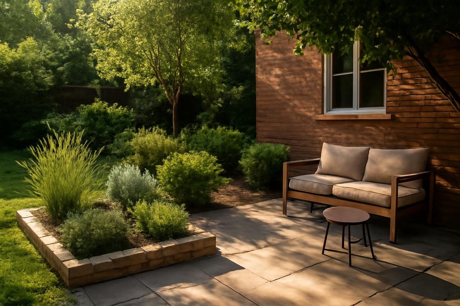 Morning sunlight creating distinct light and shade patterns on a small garden and patio