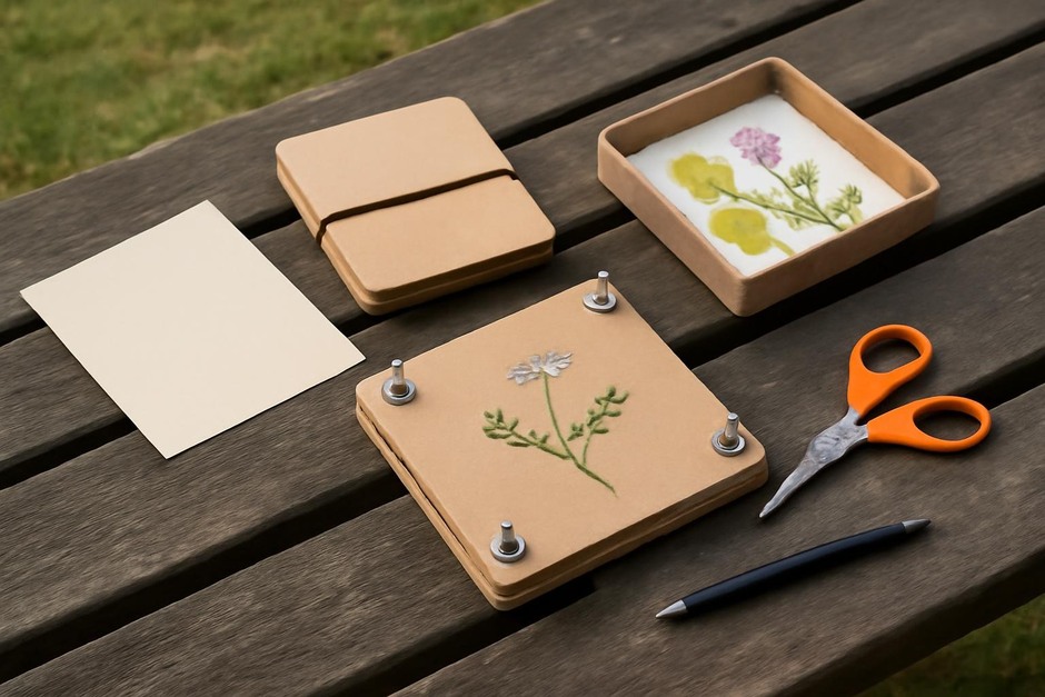 A simple portable flower press kit laid out on a park bench with a pressed blossom