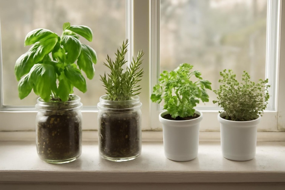 Mason jars and yogurt pots turned into a windowsill herb garden