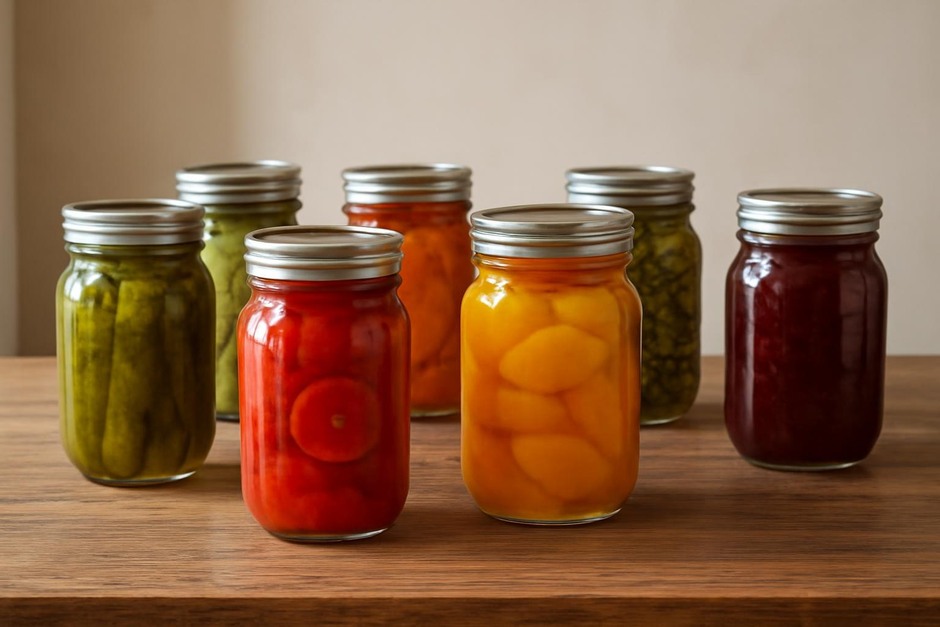 Jars of preserved vegetables and fruit on a wooden table